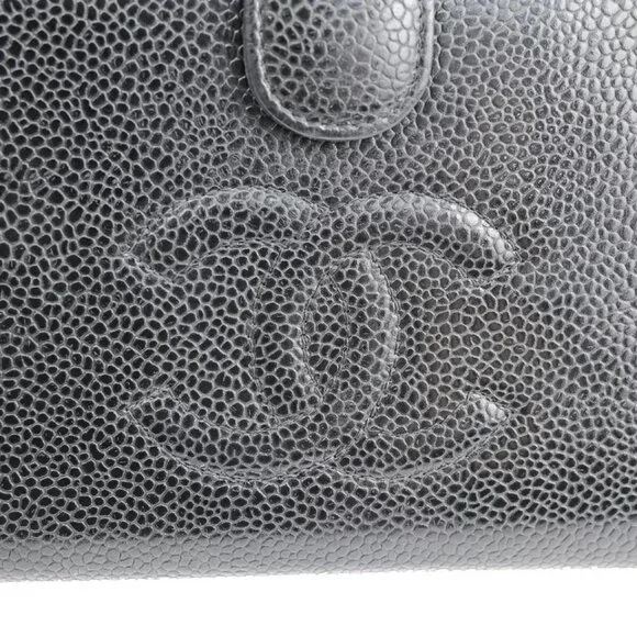 CHANEL CC Logo Long Bifold Wallet Purse Caviar Skin Leather Black France